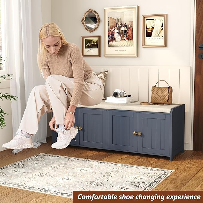 HOMEFORT 48.4" Shoe Storage Bench with Cushion, Entryway Bench with Paddded Seat, 2-Tier Shoe Cabinet Bench with Adjustable Shelves and 4 Doors, Wooden End of Bed Bench, for Bedroom, Hallway, Blue
