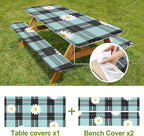 British Floral Plaid Picnic Table Cover with Bench Covers Set of 3-Light Blue Check with Daisies,Elastic Fitted Tablecloth for 6 Ft Tables, Washable Polyester Cover for Camping, Indoor & Outdoor
