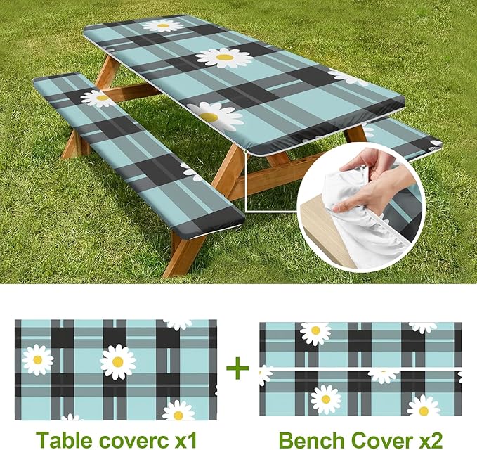 British Floral Plaid Picnic Table Cover with Bench Covers Set of 3-Light Blue Check with Daisies,Elastic Fitted Tablecloth for 6 Ft Tables, Washable Polyester Cover for Camping, Indoor & Outdoor