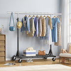 FAVOOSTY Heavy Duty Clothes Rack for Hanging Clothes, Rolling & Extending Clothing Rack with Wheels, Garment Coat Rack Freestanding, Portable Clothes Rack, Black