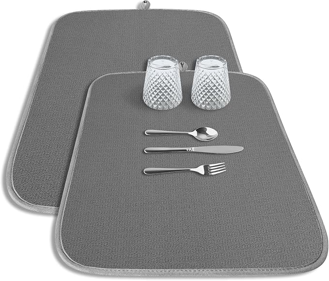 Kitsure Dish Drying Mat - 2-Pack Washable Microfiber Drying Mat for Kitchen Counter, 3-Layer Ultra Absorbent Pad with a Hanging Hook, 20" x 14", Dark Grey