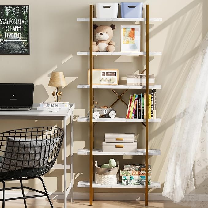 6 Tiers Bookshelf Organizer White Faux Marble Shelf, Modern Open Display