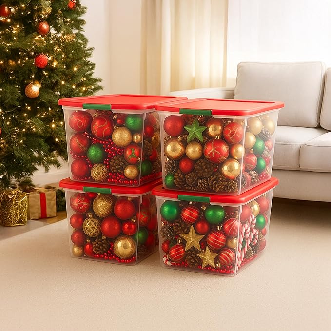 HOMZ 4-Pack Secure Latch, Clear Plastic Storage Organizer Bins, 64 Quart, Red Lid - Stackable Container Boxes for Bedroom, Bathroom, Garage, and Office Organization