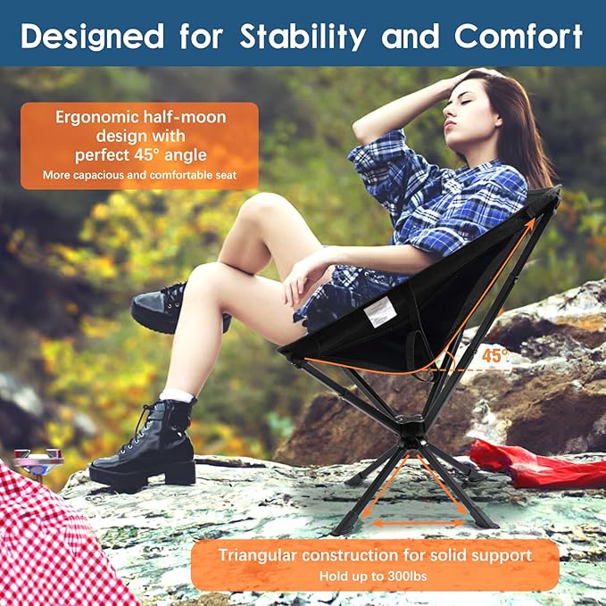 Raynesys 1 Pack Portable Camping Chair, Flexible 360° Rotation, Easy Carry, 8 Seconds Quick Setup Folding Camping Chair, 3.8Lb Lightweight Folding Chairs for Hiking, Beach, Sporting, Travel