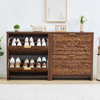 weselon Shoe Cabinet with Flip Drawers, Narrow Shoe Storage Cabinet, 2-Tier Hidden Shoe Organizer with Carved Floral for Entryway, Mid-Century Modern Slim Shoes Storage for Hallway Foyer (1, Walnut)