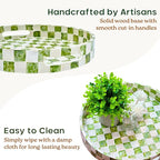 CHI AN HOME 12.6" Round Decorative Tray with Handles, Checkered Capiz Mother of Pearl Serving Tray for Coffee Table, Kitchen Counter, or Bathroom (Pistachio Green and White)