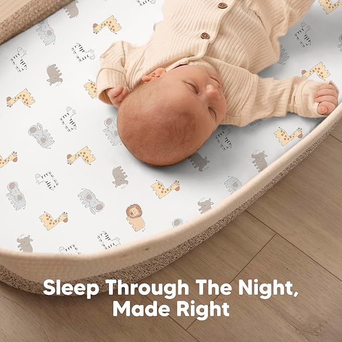 2-Pack Organic Bassinet Sheets for Girls, Boys - 100% Cotton Bassinet Mattress Sheets Compatible with Halo Bassinest Swivel Sleeper, Graco, Baby Delight, Chicco, Fitted Bassinet Sheets (KeaSafari)