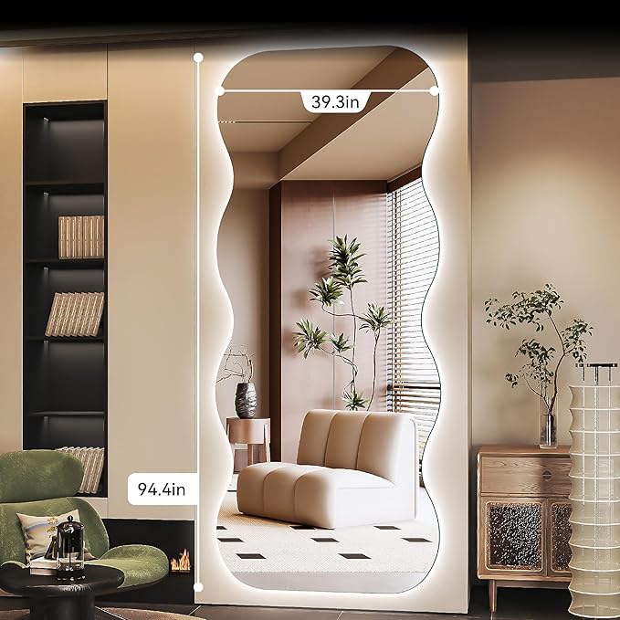 Hasipu Wavy Full Length Mirror with Lights - 94"×39" LED Wavy Floor Mirror, Frameless, Dimmable, Standing or Vertical/Horizontal Wall-Mounted Mirror for Bedroom, Living Room, Cloakroom