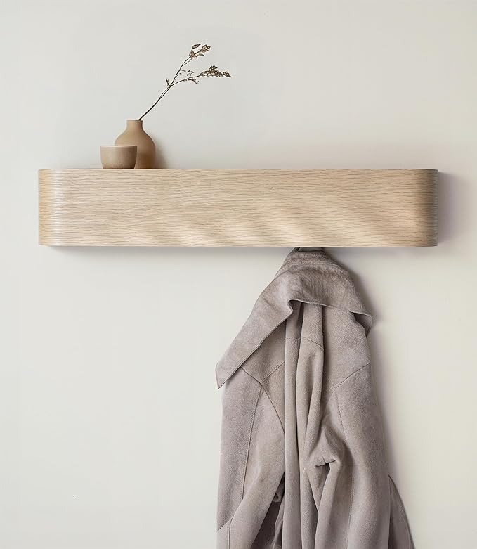 Kazai. Wall-Mounted Coat Rack 'Toke' - Modern Design Coat Rack with Hidden Wall Hooks - Solid Wood Veneer Panel Coat Hanger - Oak, White