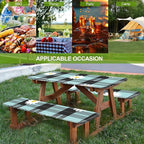 British Floral Plaid Picnic Table Cover with Bench Covers Set of 3-Light Blue Check with Daisies,Elastic Fitted Tablecloth for 6 Ft Tables, Washable Polyester Cover for Camping, Indoor & Outdoor