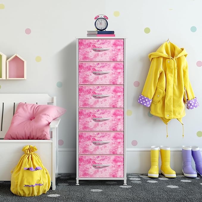 Sorbus Fabric Dresser for Kids Bedroom - Chest of 6 Drawers, Tall Storage Tower, Clothing Organizer, for Closet, for Playroom, for Nursery, Steel Frame, Fabric Bins - Wood Handle (Tie Dye Pink)