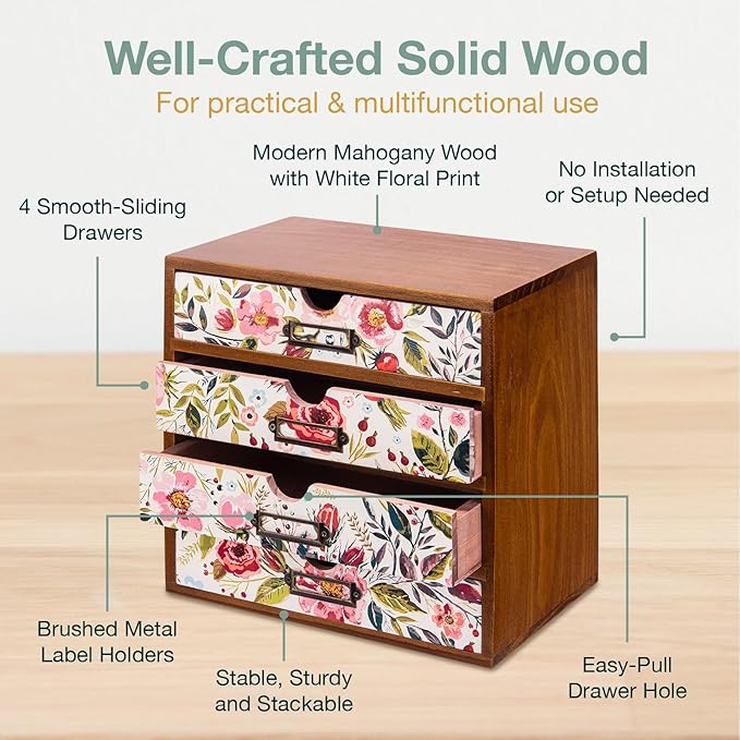 4-Drawer Vintage Desk Wood Storage Box With Drawers in Floral Chintz - Wooden Table Organizer I End Clutter & Dullness, Personalize Your Workspace - Beautiful Flower Design for Office & Home