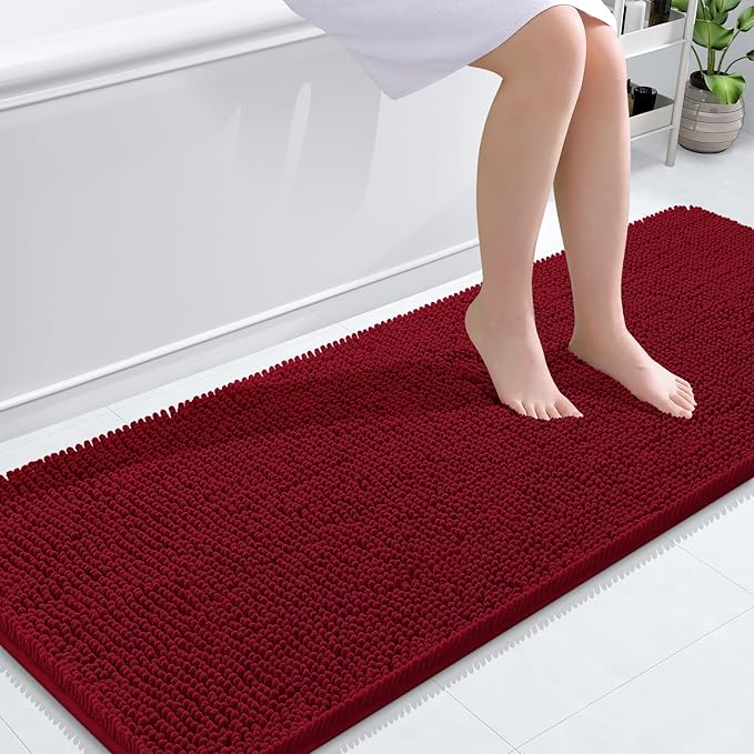 OLANLY Bathroom Rugs 59x24, Extra Soft Absorbent Chenille Bath Rugs, Rubber Backing Quick Dry, Machine Washable Bath Mats for Bathroom Floor, Tub and Shower, Home Decor Accessories, Red