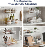 Under Sink Organizer with Motion-Activated LED Lights, 2 Pack, 2 Tier Sliding L-Shaped Carbon Steel Rack with Adjustable Height, Dividers & Hooks (White)