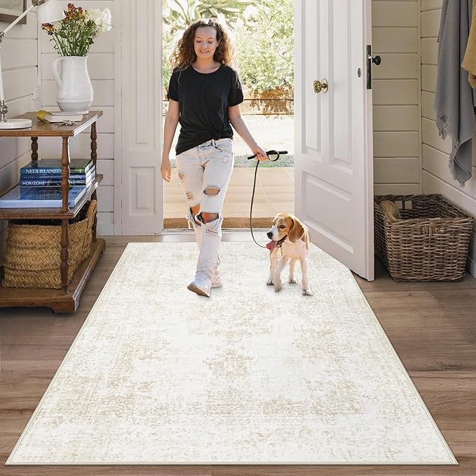 Area Rug 3x5 Entryway Rugs - Machine Washable Vintage Boho Area Rug Non-Slip Kitchen Rugs Soft Stain Resistant Indoor Door Mat, Small Oriental Throw Rug for Entrance Hallway Bedroom (Ivory, 3'x5')
