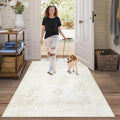 Area Rug 3x5 Entryway Rugs - Machine Washable Vintage Boho Area Rug Non-Slip Kitchen Rugs Soft Stain Resistant Indoor Door Mat, Small Oriental Throw Rug for Entrance Hallway Bedroom (Ivory, 3'x5')