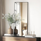 56"X18" Full Length Mirror, Black Floor Mirror with Stand Hanging or Leaning Against Wall Aluminum Alloy Frame Wall Mirror Full Length Tempered Glass for Bedroom Living Room