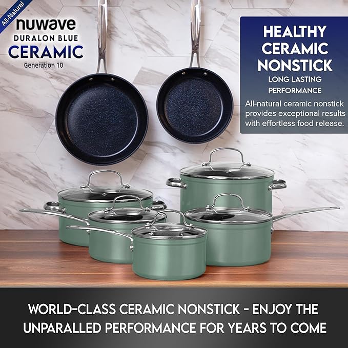 Nuwave Healthy Duralon Blue Ceramic Nonstick Cookware Set, Diamond Infused Scratch-Resistant, PFAS Free, Dishwasher & Oven Safe, Induction Ready & Evenly Heats, Tempered Glass Lids & Stay-Cool Handles