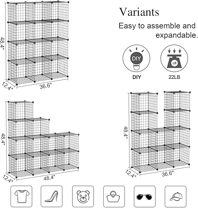 C&AHOME Wire Cube Storage, 12-Cube Storage Organizer Metal, C Grids Storage Bins Shelving, Modular Bookshelf Shelf, Closet Cabinet Ideal for Bedroom, Office 36.6”L x 12.4”W 48.4”H Black
