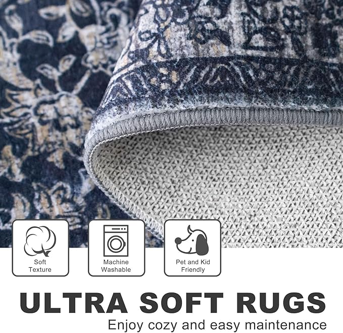 KILOCOCO Area Rug 4x6 Entryway Rug Washable Printed Vintage Floral Rubber Backed Non Slip Indoor Kitchen Rugs for Laundry Room Playroom Bedroom Living Room Moroccan Area Rugs, Navy/Charcoal