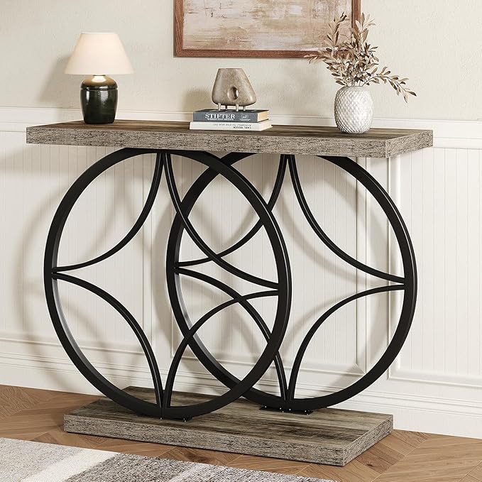 39.4" Entryway Table, Industrial Console Table for Entryway with Anti-Tilt Design, Narrow Wood Accent Sofa Table Behind Couch with Double Circle Base for Hallway, Living Room, Foyer (Industrial Grey)