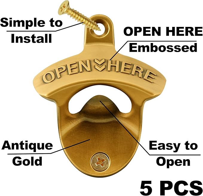 Antique Gold Wall Mounted Bottle Opener, Stainless Haning Beer Bottle Opener Embossed OPEN HERE for Kitchen Table Cabinet (5 PCS)