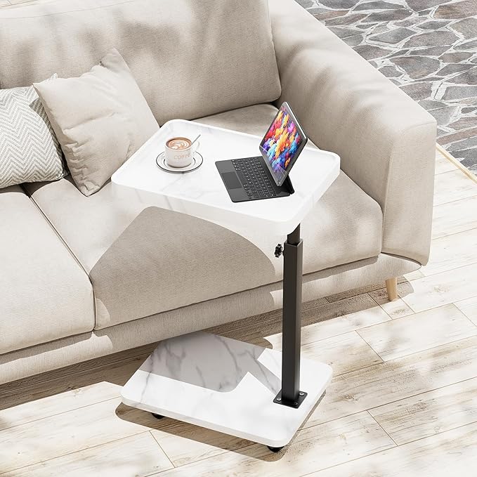 Adjustable Tv Trays for Eating on Couch That Slide Under,360° Swivel C Shaped End Sofa Side Snack Table with Wheels for Living Room and Bedroom, Bed,Chair, (White Marble+Black)