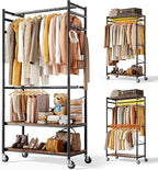 HOKEEPER Heavy Duty Rolling Clothes Rack, Metal Closet Organizer with Wood Shelves, Adjustable 70.9"-79.9" H x 39.3" W Freestanding Wardrobe for Bedroom, Max Load 450 LBS