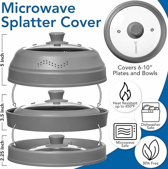 Microwave Splatter Cover for Food - Silicone Glass Dish Plate Cover, Vented with Silicone Grip Handle Knob, Collapsible, Food Grade, Microwave, Dishwasher Safe - 10" Inch