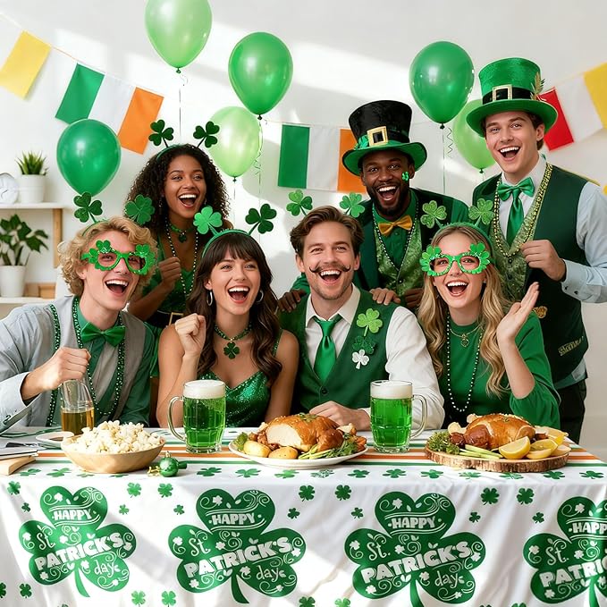 St. Patrick's Day Disposable Plastic Tablecloth 2 Pack, Green Shamrock Party Table Cover 54 x 108 Inch Rectangle, Lucky Irish St Patrick's Day Decorations for Holiday Party Supplies