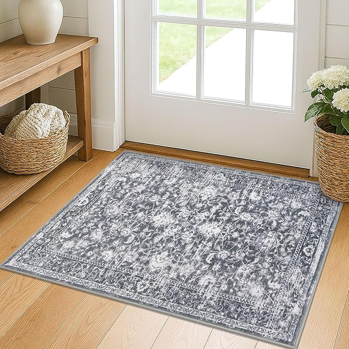 KILOCOCO Moroccan Small Area Rug 2x3 Entryway Rugs Printed Vintage Floral Washable Rug Non-Slip Kitchen Rug Indoor Door Mat, Accent Throw Small Rugs for Laundry Room Bedroom Entrance, Grey