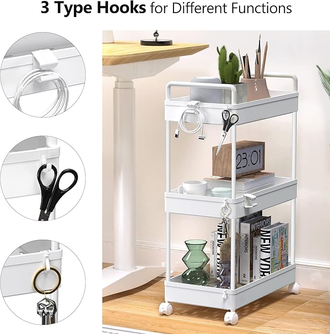 SOLEJAZZ 3 Tier Rolling Storage Cart with Wheels Slim Craft Nail Makeup Snack Art Baby Utility Cart Organizer on 2 Lockable Wheels for Bathroom Laundry Room Kitchen Bedside Narrow Spaces, White