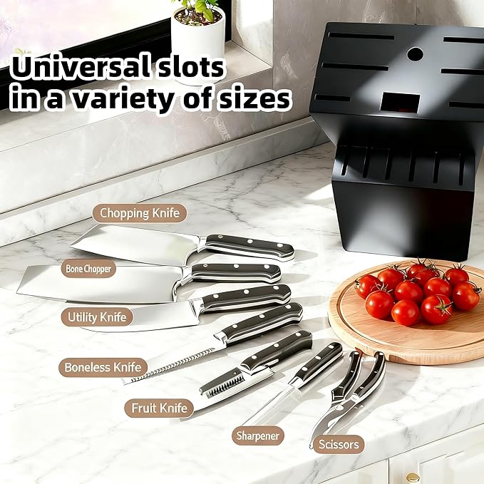 Teak Wood Knife Block Organizer, 14-Slot Kitchen Counter Storage Holder, Universal Design