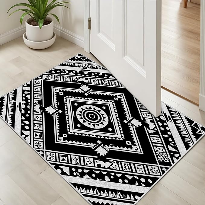 Area Rugs for Living Room 7x9, Moroccan Washable Low Pile Rug, Boho Neutral Farmhouse Ultra Soft Carpet for Bedroom Dining Room Home Decor, Geometric Print Tribal Carpets Black and White