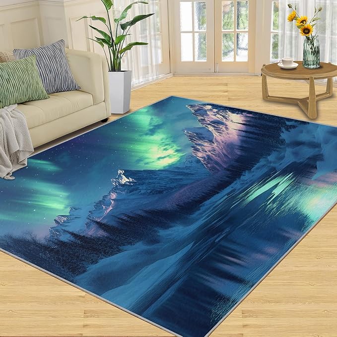 5x6 Snowy Mountains Rugs for Office - Aurora Borealis Living Room Carpet, Polar Landscape Bedroom Area Rug Kids Low Pile Rug for Indoor Outdoor Hardwood Floors Home Decor