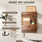 Rebee Vision Farmhouse Key Holder Wall Mount with Drawer Organizer – Pine Wooden Mail and Key Organizer for Wall with 6 Sturdy Hooks & Floating Shelf – Perfect for Retro Living Room Decor (Brown)