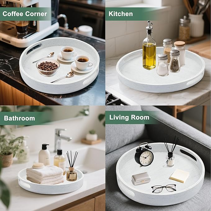 Round Decorative Tray,Wooden Serving Tray with Handles, 11.8in White Decorative Trays for Coffee Table,Kitchen Counter,bandejas decorativas