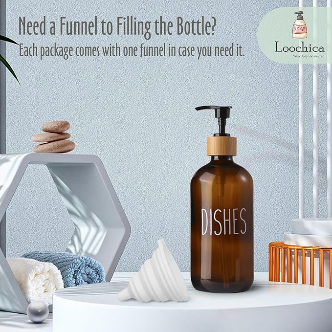 LOOCHICA Dish Amber Glass Soap Dispenser with Plastic Pump, 16 Oz Brown Dish Soap Dispenser Set Refillable Reusable Apothecary Soap Pump Dispenser Bottles for Bathroom and Kitchen