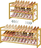 FAVOOSTY 3-Tier Expandable Shoe Rack, Adjustable Shoe Shelf Storage Organizer Space Saving Metal Free Standing Shoe Rack for Entryway Closet Doorway, Gold
