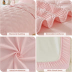 4 Piece Toddler Bedding Set for Girls Pink Geometric Stitched Soft Microfiber Crib Bed Sheets Set Lightweight Quilted Comforter Set for Baby | Include Comforter, Flat Sheet, Fitted Sheet, Pillowcase