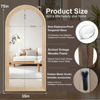 Delma Arched Full Length Floor Mirror with Stand, 75x35 Rustic Farmhouse Solid Wood Frame Wall Mirror for Bedroom, Living Room, Vertical Hanging & Standing(Natural)