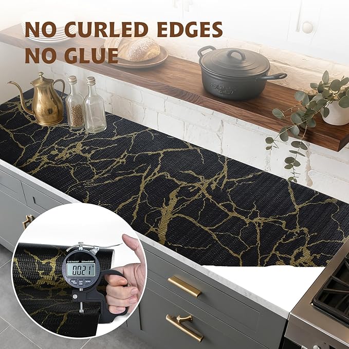 2-Layer Drawer and Shelf Liner for Kitchen Cabinet: 17.3in X 20Ft Non Slip Waterproof Shelf Paper Non Adhesive Refrigerator Liners Black/Gold Marble Easy Liners for Bathroom with Knife Tape Measure