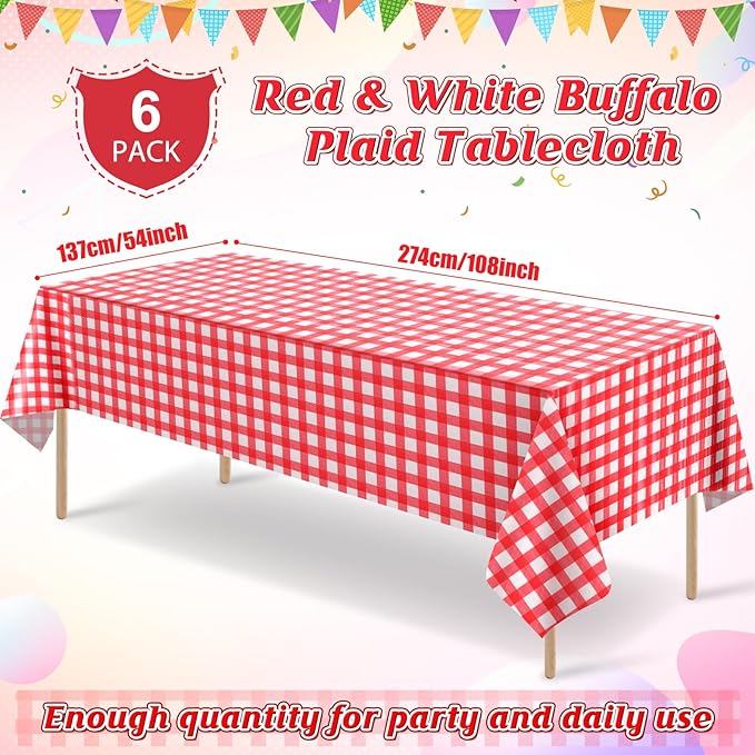 6 Pack Red and White Plastic Checkered Tablecloth, Premium Decorative Disposable Red Gingham Plaid Table Cloths for Parties, Rectangle Party Table Cover for Picnic Farm Birthday Wedding, 54x108 Inch