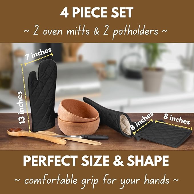 Native Fab Pot Holders and Oven Mitts Sets for Kitchen Heat Resistant - Hanging Non-Slip - 100% Cotton Kitchen Oven Mitts and Pot Holders 4-Piece Set - Black