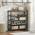 HOOBRO Shoe Rack with 4 PU Shelves, 5-Tier Shoe Storage Organizer for Closet and Entryway, Holds 12-16 Pairs of Shoes, Sturdy Metal Frame, Small Spaces, Rustic Brown and Black BF95XJ01