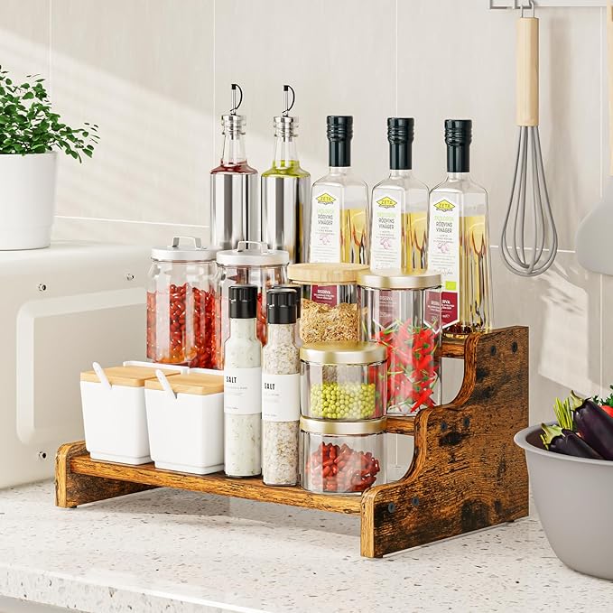 KLM 3-Tier Spice Rack, 13.8 Inch Wood Step Shelf Countertop Spice Storage Holder, Kitchen Pantry Cabinet Organizer Cupboard for Spice Bottles, Jars, Seasonings, Baking Supplies,Bathroom Organizer
