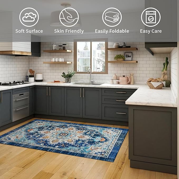 Easy-Going Boho Area Rug 3x5 Entryway Rug Washable Inside Door Mats for Home Entrance Non-Slip Tangerine Vintage Small Rugs for Entry Living Room Bedroom Kitchen Lightweight Carpet, Floral Aqua Yellow