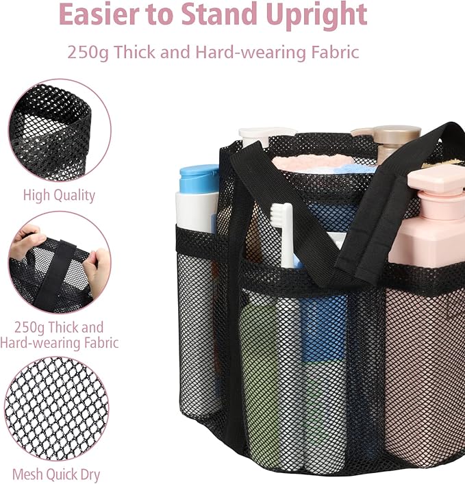 F-color Mesh Shower Caddy Portable, Large Capacity Shower Bag Basket Tote for College Dorm Room Toiletry Gym Rv Essentials, Bathroom Caddy Bag with S Hook, Black