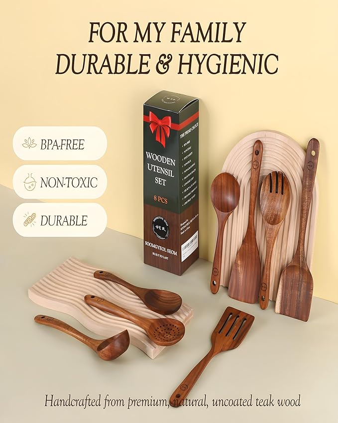 8-Piece Natural Teak Wood Utensil Set - Essential Nonstick Cooking Spoons & Spatulas, Eco-Friendly Tools