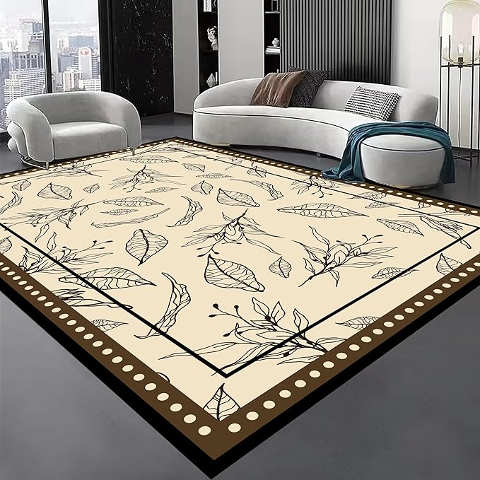 Medieval French Style Area Rugs 8x10ft, Off-White Botanical Leaf Pattern Rug, Low Pile Carpet, Washable & Non-Slip for Living Room, Bedroom, Dining Room, Dorm